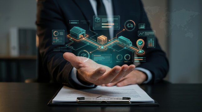 Businessman holding a digital holographic projection of a supply chain logistics network and warehouse management system in a modern office