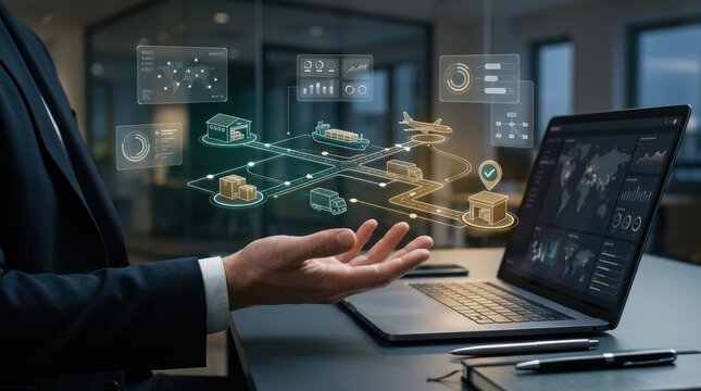 Businessman using a laptop to manage global logistics and supply chain operations with digital interface overlays