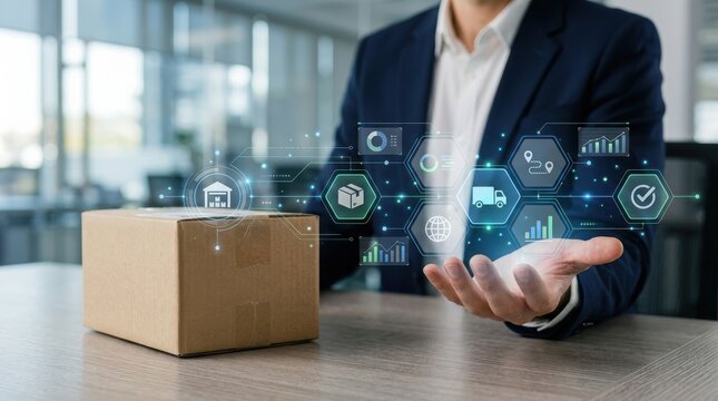 Businessman holding a digital logistics and supply chain management interface with icons for tracking, shipping, and warehouse operations in an office
