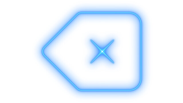 Luminous neon backspace key symbol representing delete button digital keyboard undo erase sign for graphic user interface isolated on transparent background