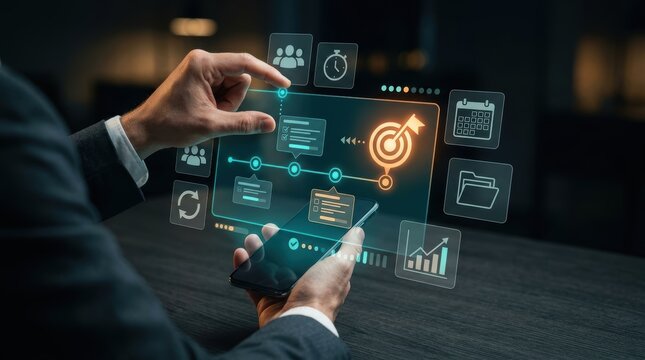 Business professional using a smartphone to interact with a futuristic digital interface showing project management, goal tracking, and data analytics