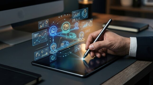 Businessman using a digital tablet with a futuristic logistics and supply chain management interface hologram overlay in a modern office environment