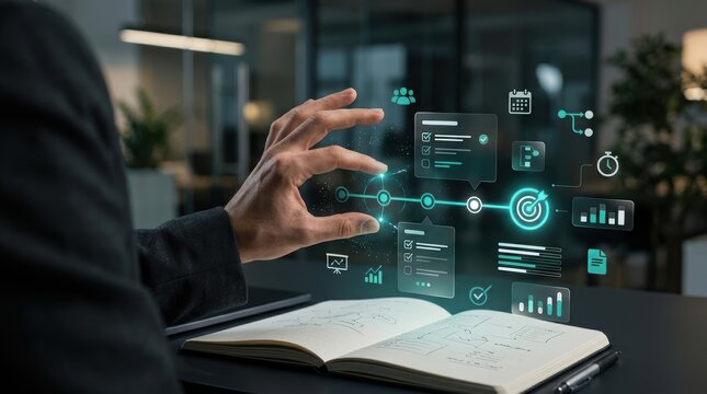 Businessman interacting with a futuristic holographic project management interface and data visualization dashboard in a modern office setting