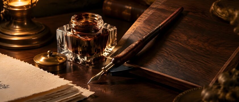 Handcrafted rosewood oblique pen holder fitted with a vintage brass pointed nib on a walnut writing slope
