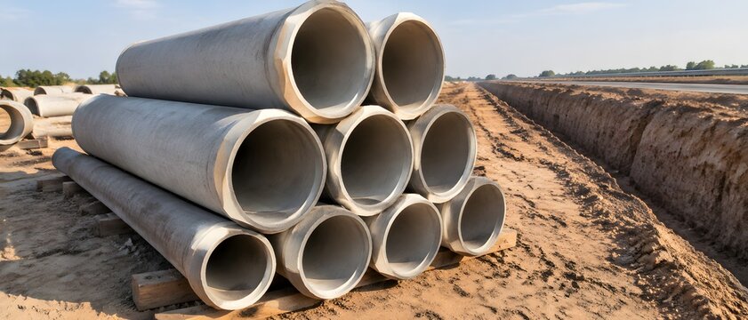 Pyramid arrangement of heavy precast concrete stormwater culvert pipes lined up on timber skids beside a highway