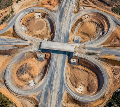 Sweeping circular loops and graded embankments of an unfinished cloverleaf interchange carved into bare ground