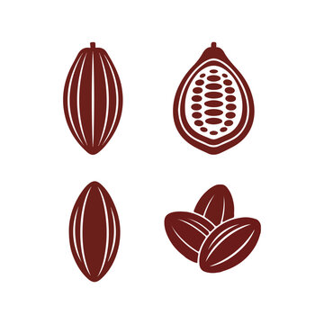 Cocoa bean and pod silhouettes set for chocolate industry