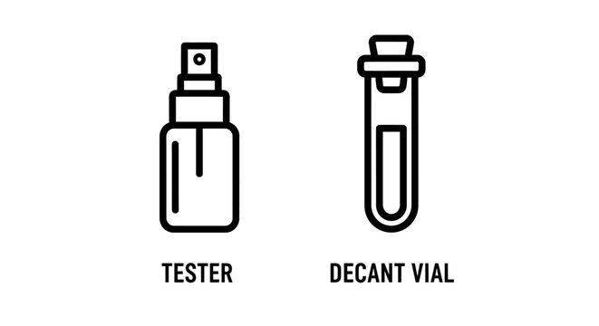 Linear icon collection of a spray tester bottle and a decant vial with cosmetic