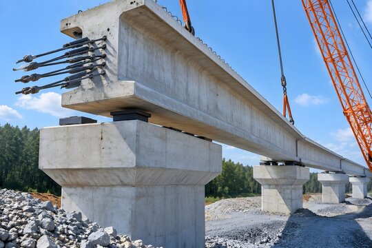 Heavy bridge girder being positioned onto elastomeric bearing pads atop unfinished expressway bents