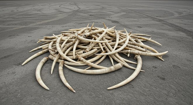 A large pile of ivory tusks lying on dry ground representing illegal wildlife trade and poaching