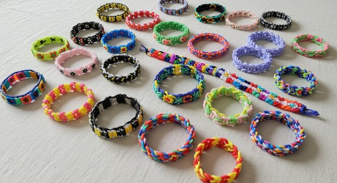 Collection of Colorful Handmade Rubber Band Bracelets with Various Patterns on Neutral Background
