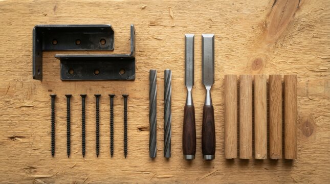 Mass timber structural hardware knolling on pine plank with steel angle brackets, countersunk screws, fluted dowels, chisels, and wood density cores.