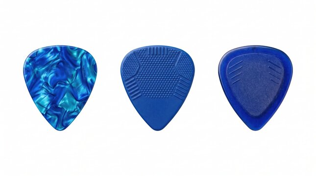 Three blue guitar picks, one with a marbled pearlescent pattern and two with textured grip surfaces, isolated on a white background
