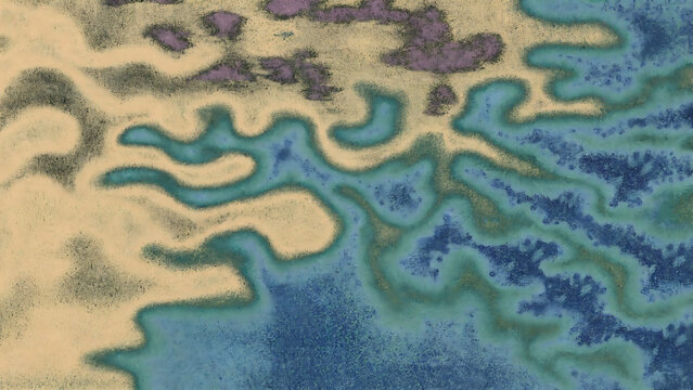 Abstract pixel art map with winding rivers and green terrain illustration
