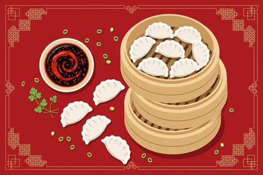 Steamed dumplings in bamboo baskets, Lunar New Year flat vector illustration