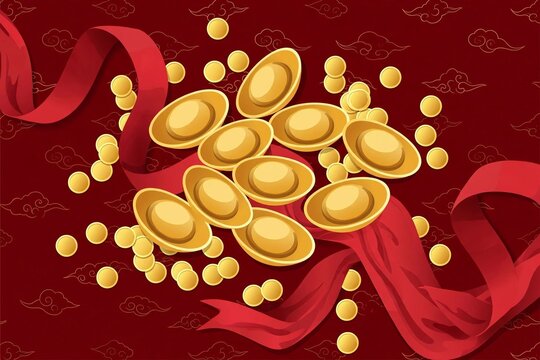 Chinese gold sycee ingots and coins with red ribbon, prosperity flat vector