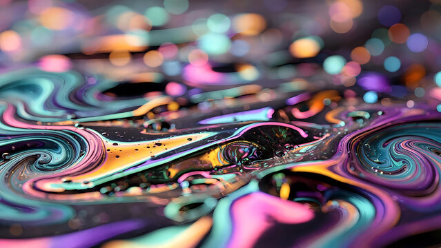 Abstract colorful liquid swirls and bubbles with glowing particles in dark space illustration