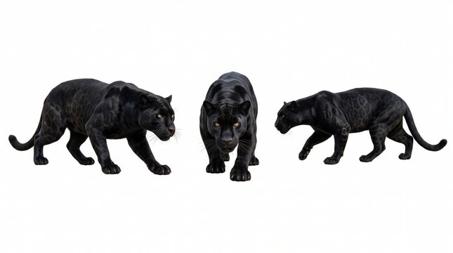 Three black panthers in different poses, including side profiles and a front-facing view, isolated on a plain white background