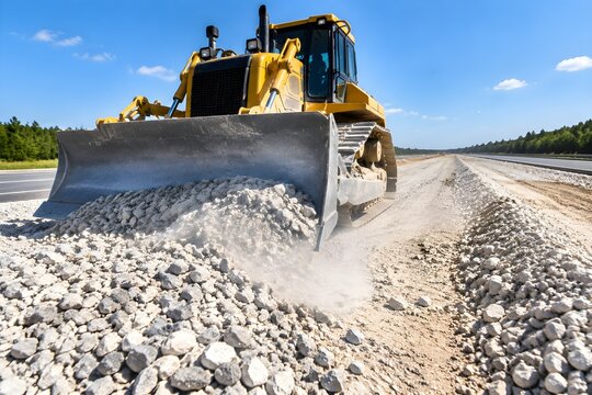 Heavy bulldozer angled while spreading crushed rock along a highway widening corridor
