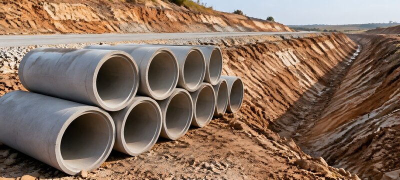 Stacked cylindrical concrete culvert drainage pipes resting beside an excavated highway ditch