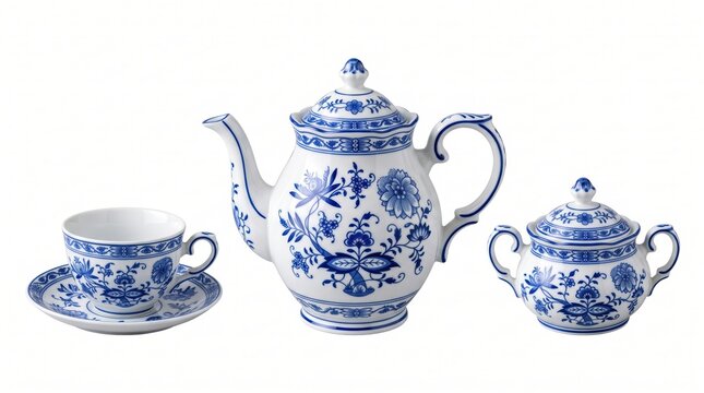 Porcelain tea set with blue onion pattern, including a teapot, a teacup on a saucer, and a lidded sugar bowl on a white background