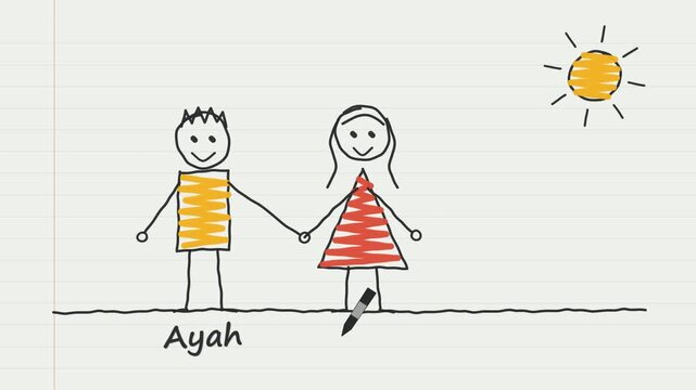 Child stick figure drawing of family holding hands under sun on lined notebook page
