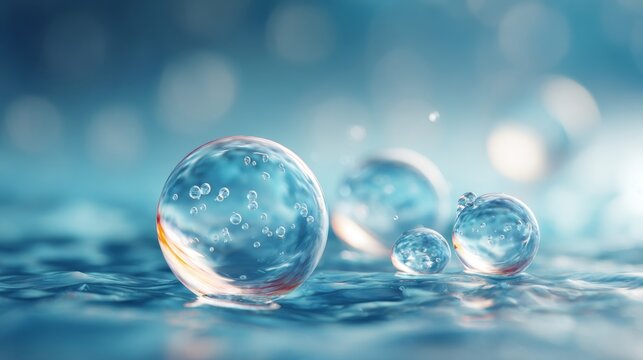 Cosmetic moisturizer water molecule inside a transparent liquid bubble on a blue water background, skincare essence, hydration science, molecular structure, beauty chemistry, cosmetic research, and sc