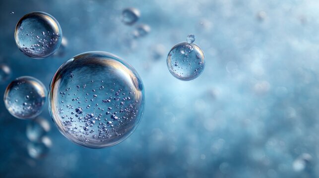 Cosmetic moisturizer water molecule inside a transparent liquid bubble on a blue water background, skincare essence, hydration science, molecular structure, beauty chemistry, cosmetic research, and sc