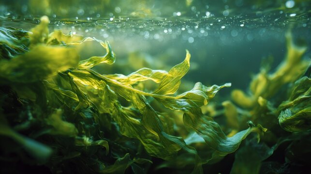 Green algae and seaweed macro texture for marine biology research, aquatic plant biotechnology, environmental science, ocean ecosystems, sustainable biofuel production, renewable energy, and underwate