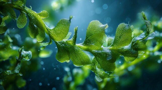 Green algae and seaweed macro texture for marine biology research, aquatic plant biotechnology, environmental science, ocean ecosystems, sustainable biofuel production, renewable energy, and underwate