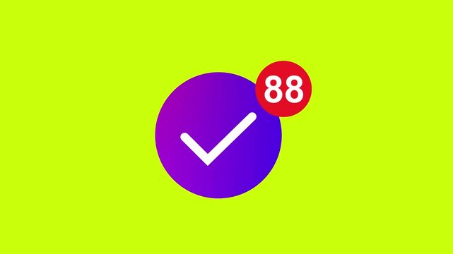 Checkmark notification badge with number 88 on purple circle background. Purple circle with white checkmark and red notification badge.