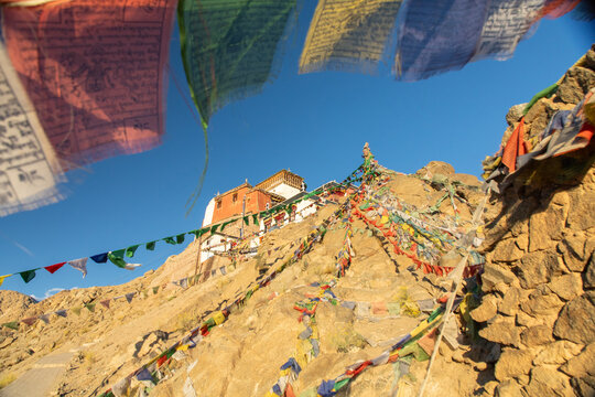 View of Leh Palace perched on a rocky hill with colorful Tibetan prayer flags fluttering in the foreground under a clear blue sky in Leh, Ladakh, India.