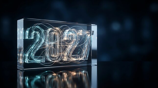Illuminated numerals two zero two seven are encased within a transparent rectangular prism reflecting on a glossy surface digits numbers year