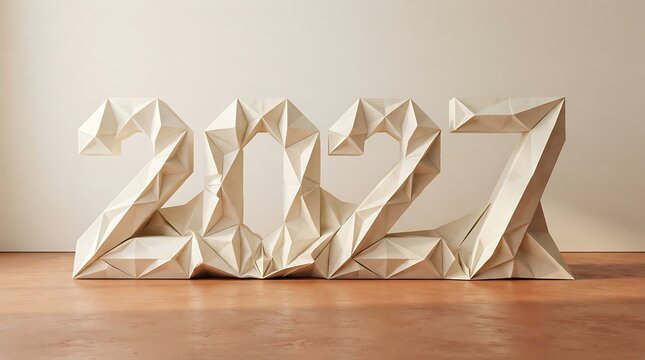 Folded paper numerals spelling two thousand twenty seven stand on a wooden surface digits numbers year calendar date twothousandtwentyseven twentyseven papercraft