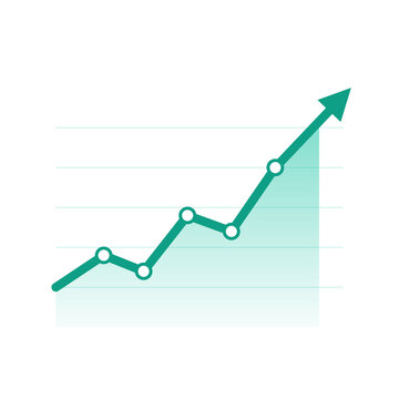 Teal area line chart with rising arrow and data points isolated on transparent background