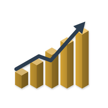 Isometric gold bar chart with dark arrow trending up isolated on transparent background