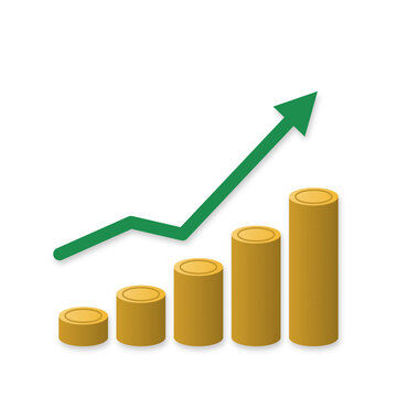 Rising stacks of gold coins with green arrow, money growth concept isolated on transparent background