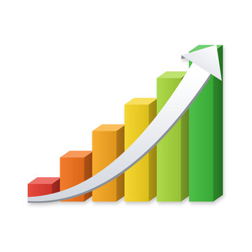 3D bar chart from red to green with curved white arrow rising, growth concept isolated on transparent background