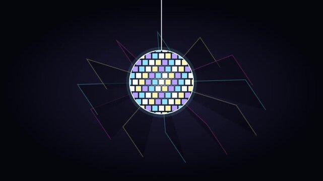 Sparkling colorful disco ball hanging from ceiling rotating against dark night club background