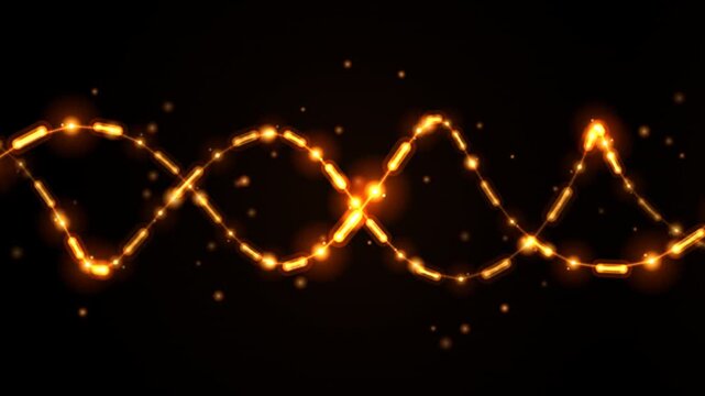 Glowing golden dna double helix structures rotating on black background. 4K video
