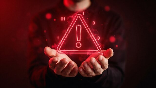 Glowing red warning triangle icon with binary code floating above human hands in dark digital space