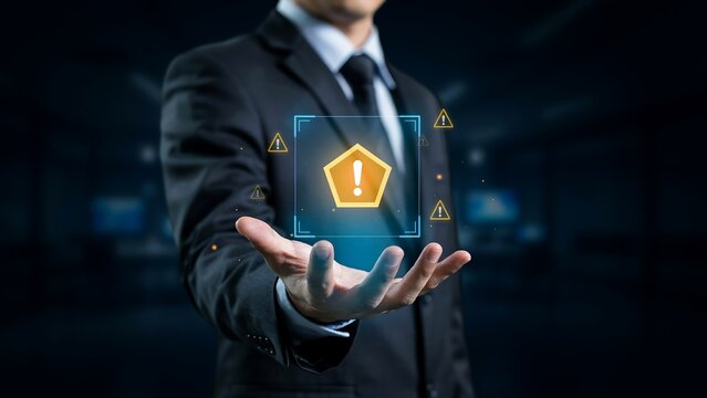 Businessman holding digital warning sign with exclamation mark icon in glowing virtual interface for cybersecurity risk management