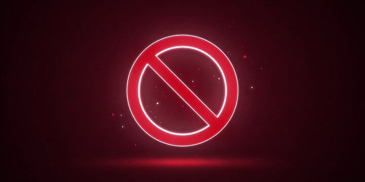 Glowing red prohibition sign with neon light effect isolated on dark background for warning safety alerts