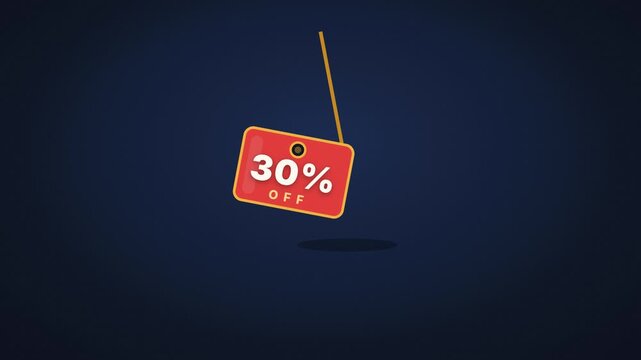Red price tag with 30 percent mark swings on navy background