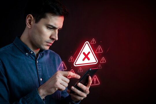 Man using smartphone with glowing red warning icons and cross symbol on dark background for security