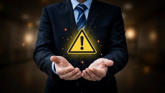 Businessman holding glowing yellow warning sign with exclamation mark symbol representing risk management and corporate safety alert