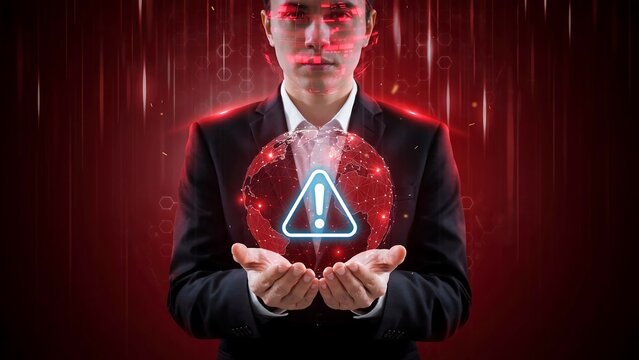 Businessman holding glowing red digital globe with warning sign icon against dark abstract background for security