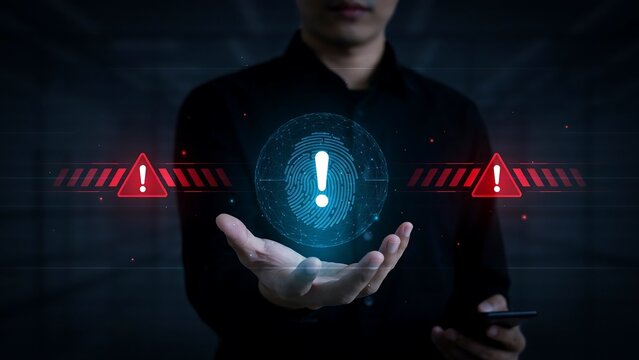 Man holding glowing digital fingerprint with exclamation mark icon representing cybersecurity threat and data privacy warning alert