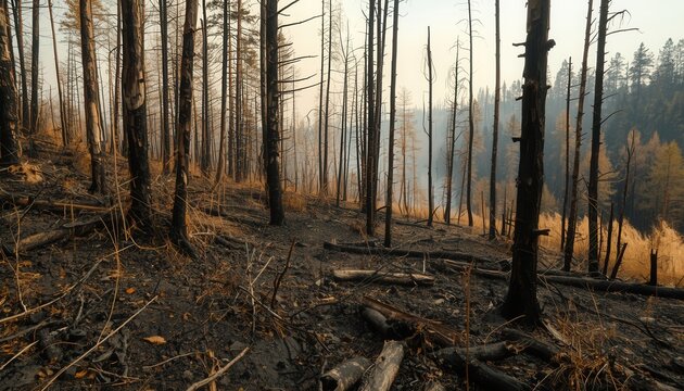 Aftermath of Fire: Charred tree trunks and ash-covered ground mark the desolate landscape after a devastating forest fire, with a hint of smoke still lingering in the distance.
