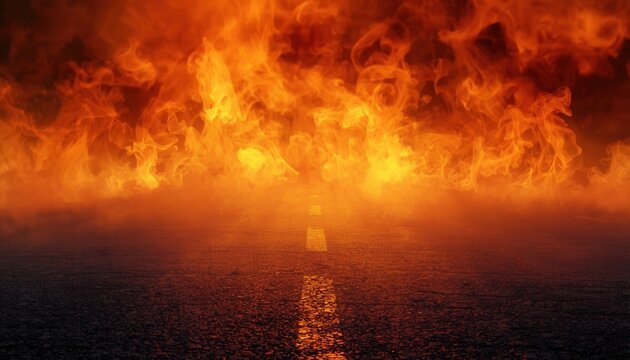 The Burning Road to Hell: A desolate asphalt road stretches into a fiery inferno, engulfed by flames and smoke, symbolizing a path of destruction and despair.